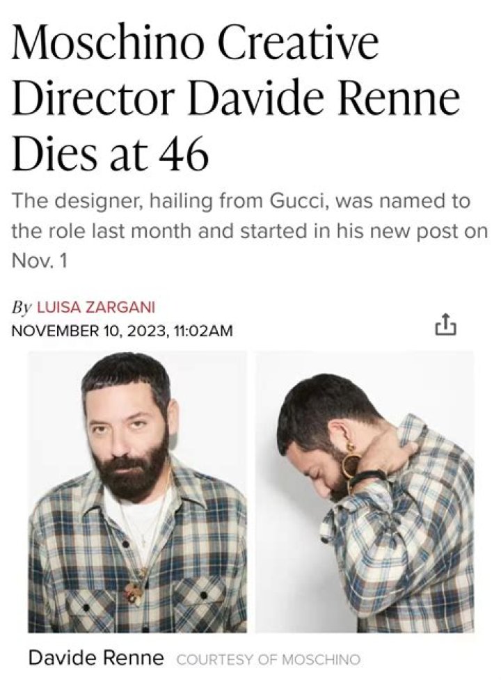 Davide Renne Death Reason? Gucci and Moschino Designer Davide Renne dies at 46